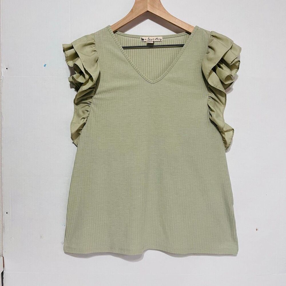 A Love Story Green Ribbed Ruffled Sleeve Top   Size XL